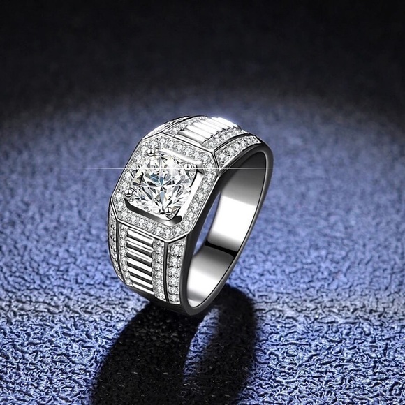 💎243💎 MENS PLATINUM PLATED GENUINE MOISSANITE DIAMOND WEDDING RING - Picture 6 of 13